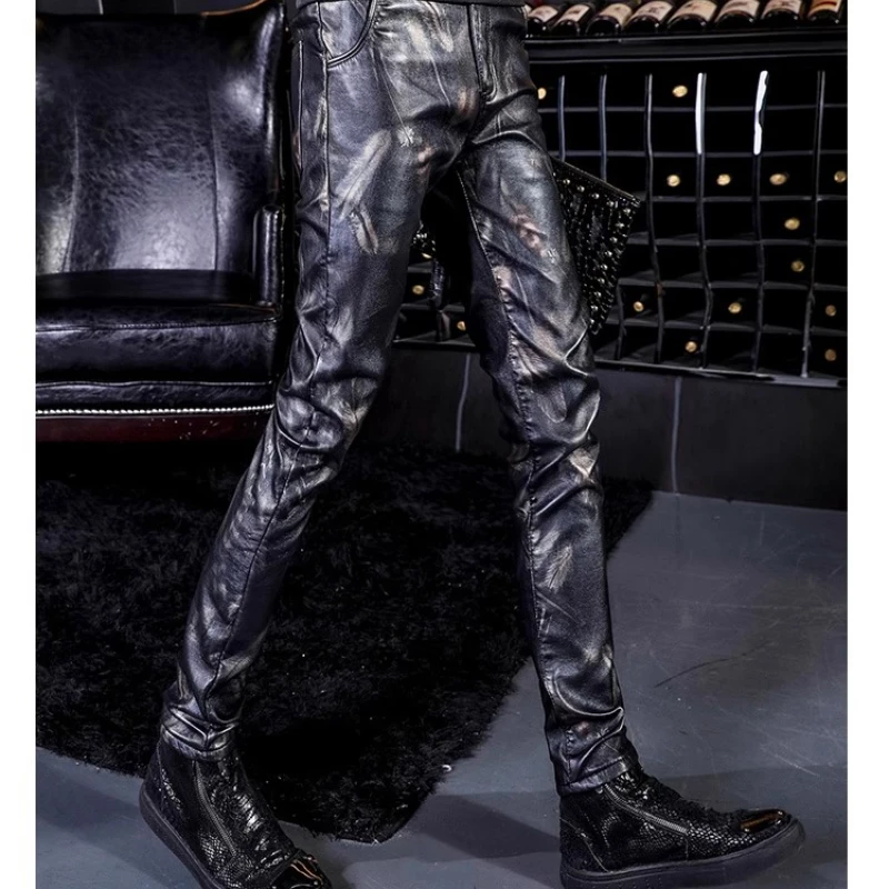 YASUGUOJI New 2022 Autumn Punk Style Fashion Print Pu Leather Pants Men.slim Fit Pencil Pants Pantalon Homme Men\'s Clothing