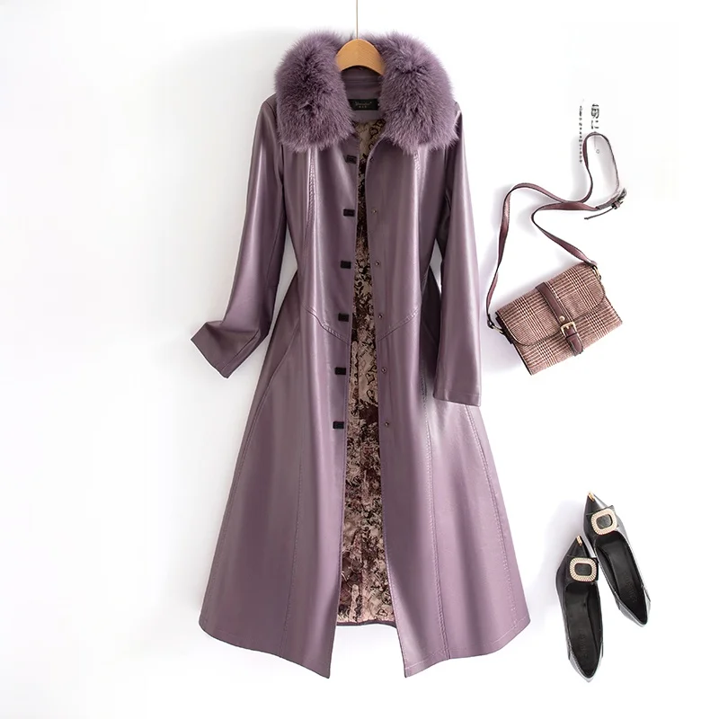 Haining 本革ジャケット女性のミッドレングス秋冬新韓国 Sle スリミングファーシープスキンブラコート