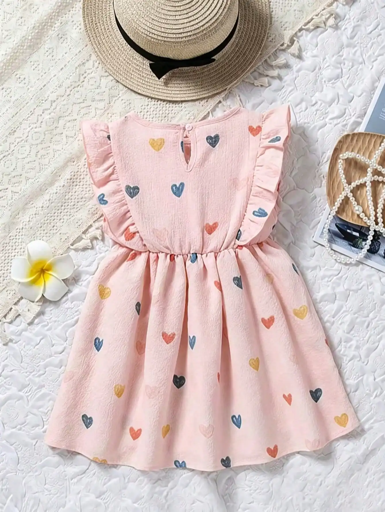 Kinderkleid mit Rüschen, Rundhalsausschnitt, Ärmellos, Herz-Print und Schmetterlingsschleife, Langes, Lockeres Kleid für Mädchen – Detail 4