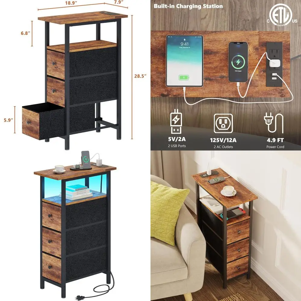 

Charging Station End Table, 3-Drawer Fabric Side Table, LED-lit Nightstand, Slim Bedroom/Living Room Table, Rustic Brown