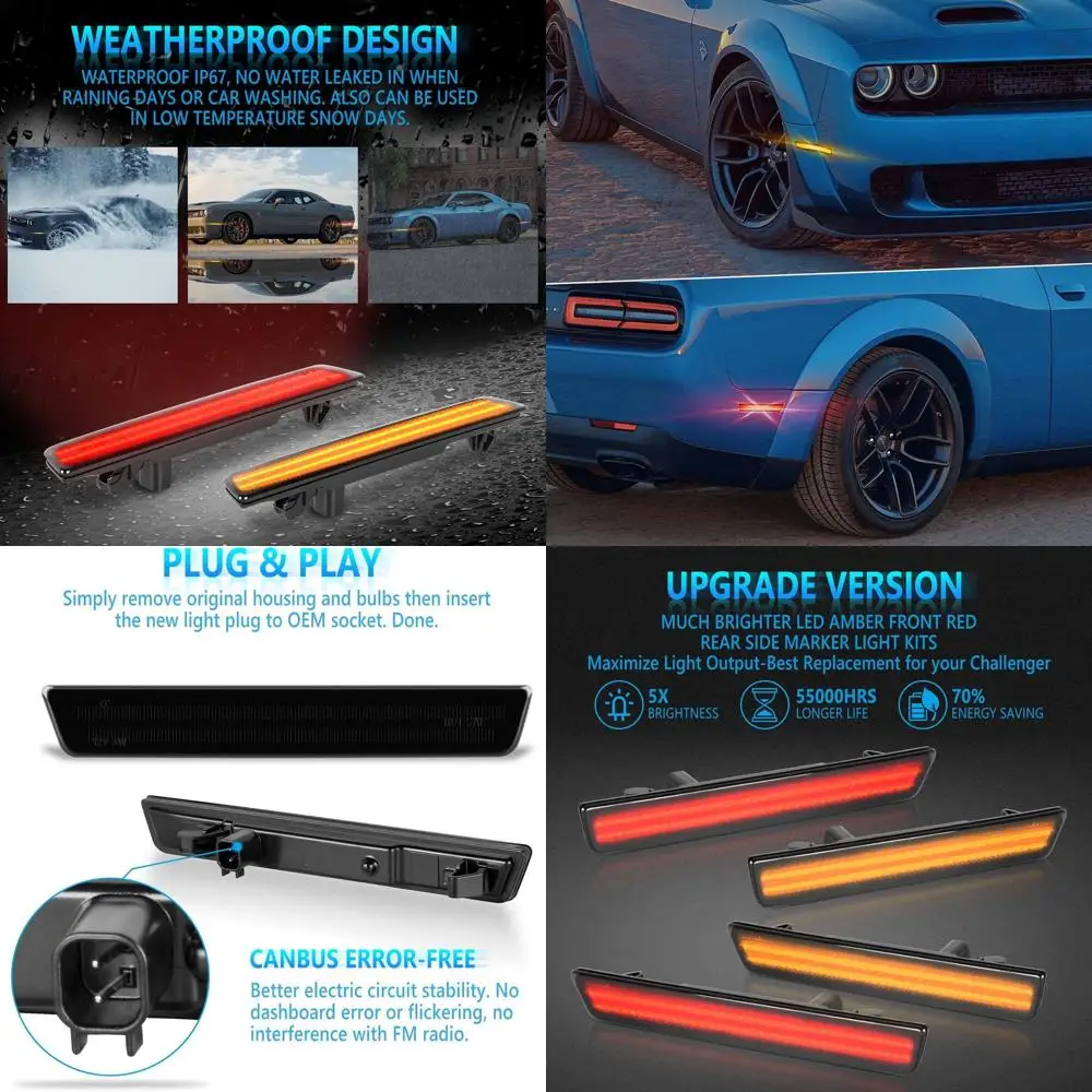 

Smoked Lens LED Side Marker Lights Kit for 2015-2023 Dodge Challenger, Front & Rear Bumpers, 4 Pieces (Amber/Red)