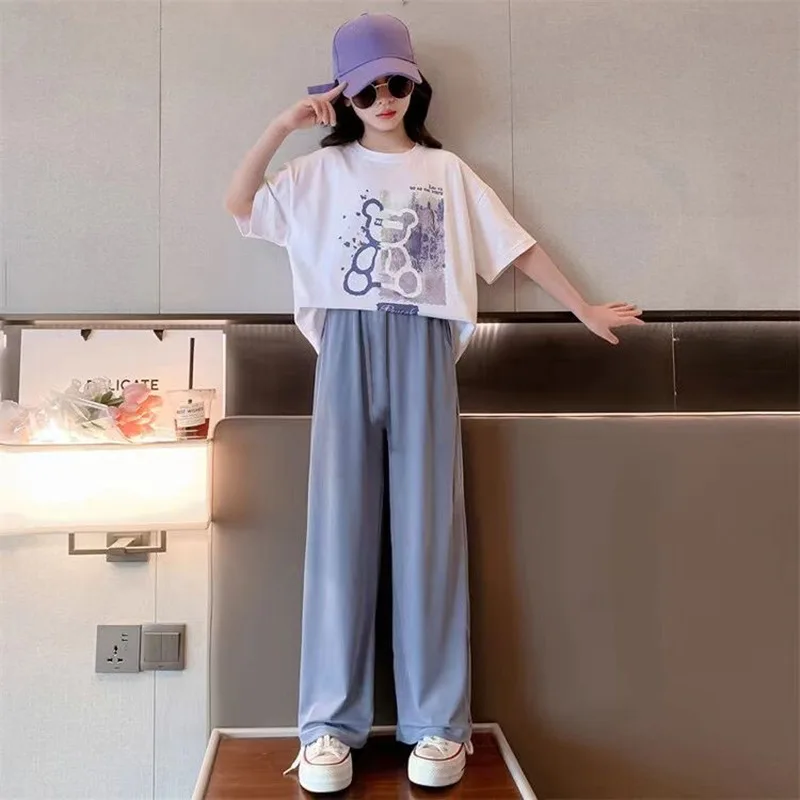 2024 new summer spring Teenager Clothes Children Set loose bear short white T-shirt + straight Pant Suit tracksuit 5 to 12 year