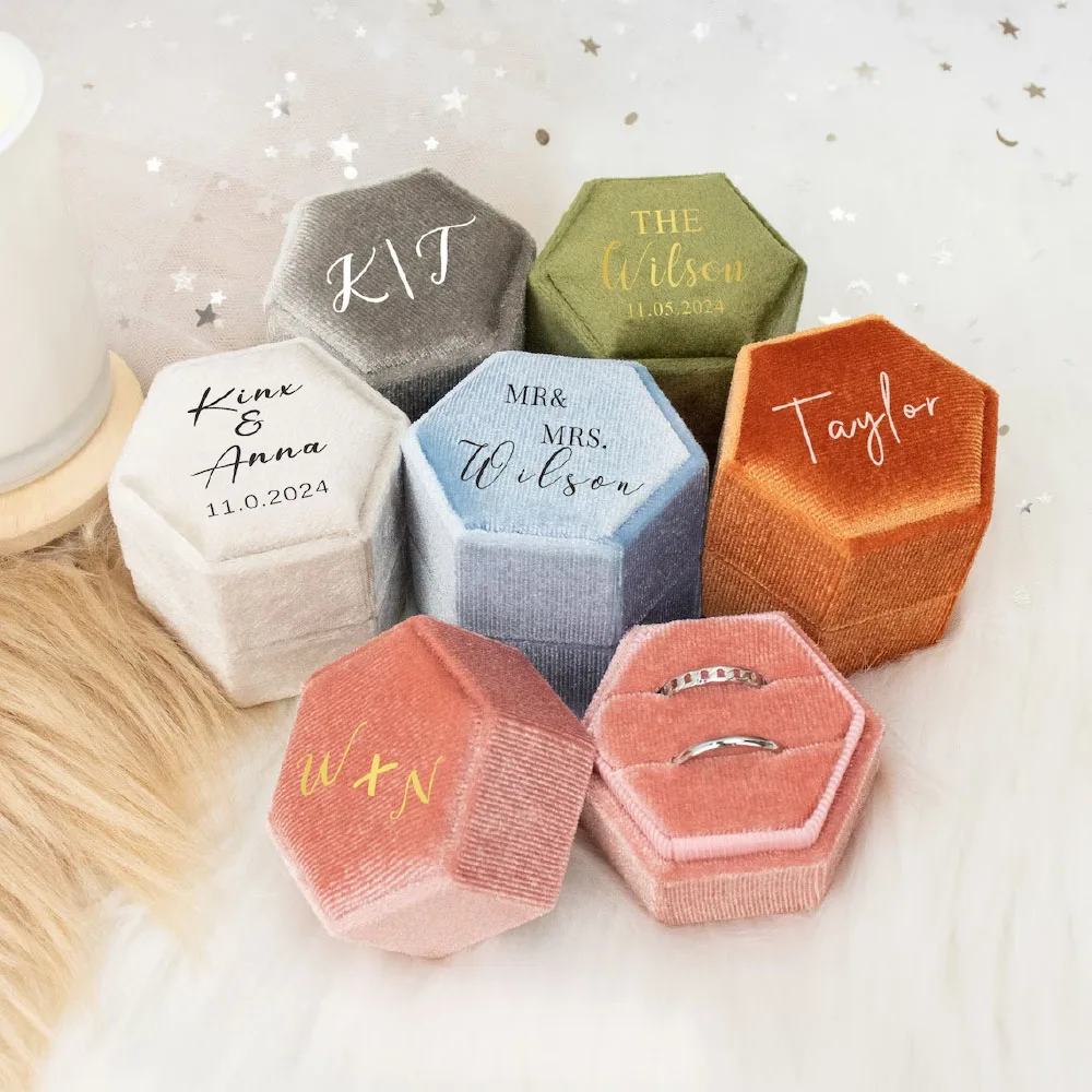 Ring Box Personalized Velvet Hexagon Engagement Ring Box Double Slot Wedding Ceremony  Decor Ring Storage Wedding Gift
