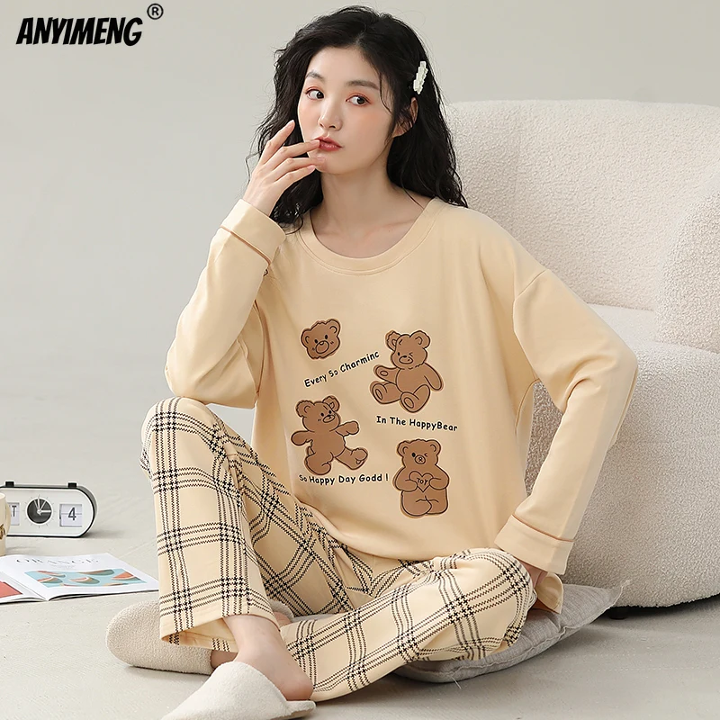 Pure Cotton Women Pajama Sets Autumn Winter Long Sleeves Plaid Pants Pijamas Purple Loungewear Round Collar Girl Sleepwear