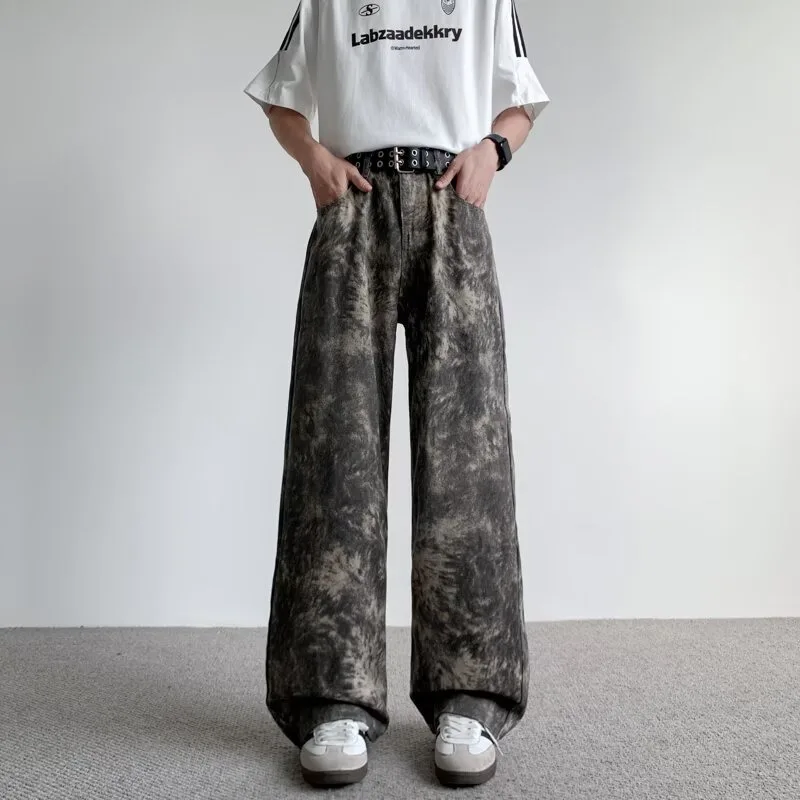 

Мужские модные брюки с эффектом тай-дай и камуфляжным принтом, свободного прямого кроя, в американском уличном стиле, длинные, повседневные