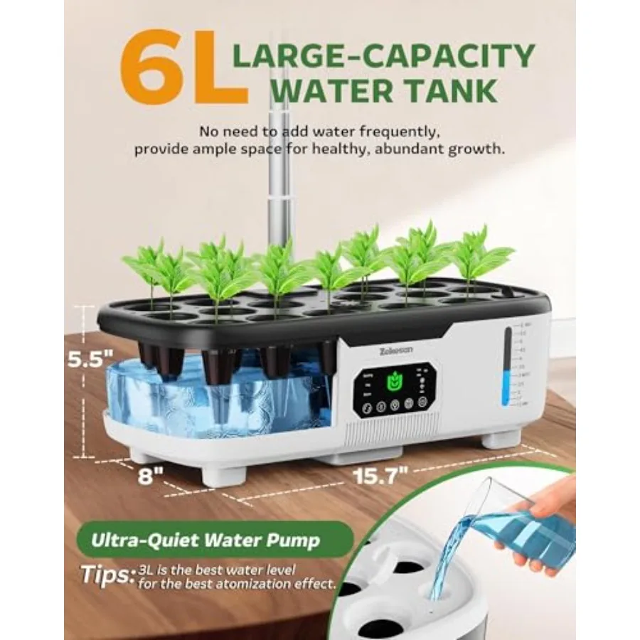 Indoor smart herb garden planter for hydroponic growing, white ABS plastic, with LCD touch panel, 15-pod capacity, 6L tank, ide