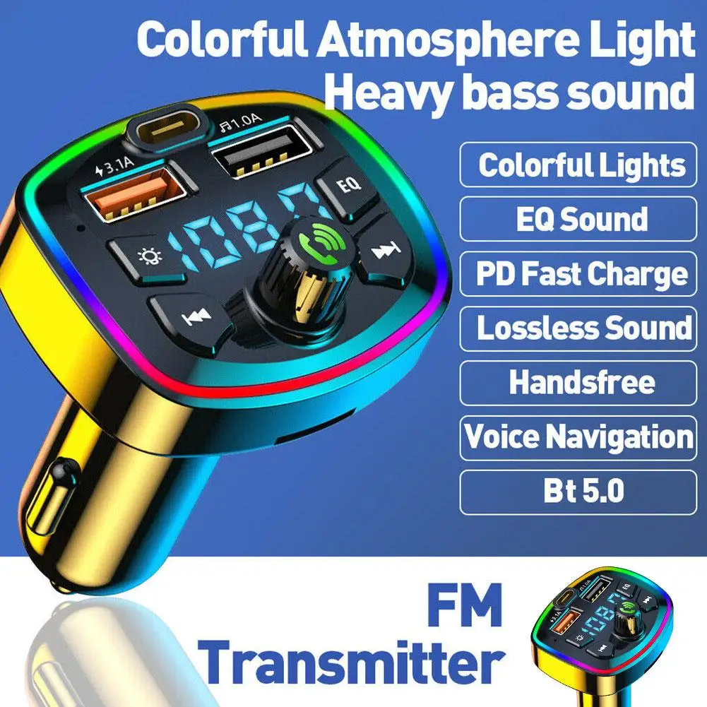 Car Bluetooth 5.0 FM Transmitter PD Type C Dual USB Fast Charger Colorful Ambient Light Handsfree MP3 Modulator Player