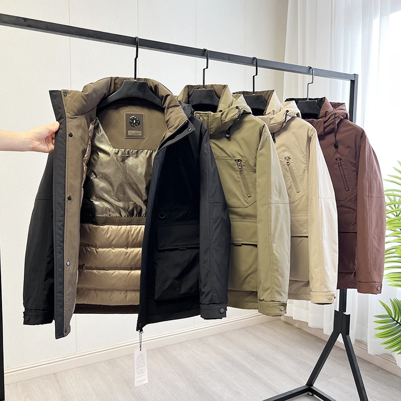 Thickened Duck down Hooded Outdoor Men's Jacket Autumn Winter Fashion Urban Style Windproof Warm Pure Color Zipper Closure