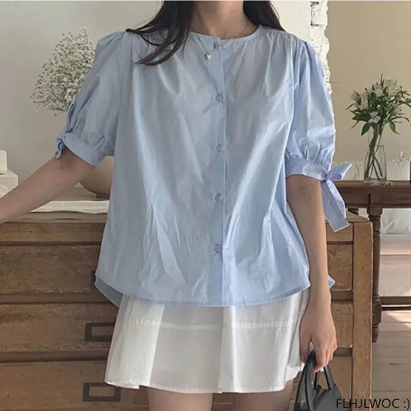 Retro Vintage Chic Korea White Blue Tops Blusas 2023 Women Korean Style Japan Girls Lace-Up Bow Tie Shirts Cute Sweet Blouses