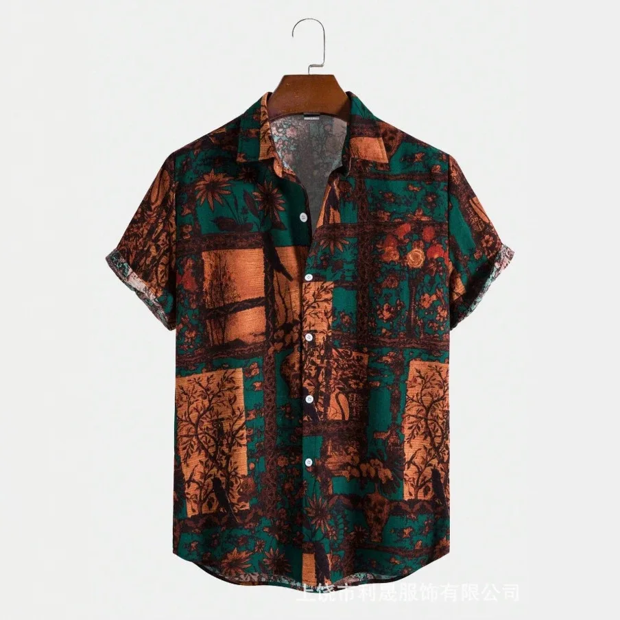 Vintage Vintage Shirt in Vintage Earth Color Niche Forest Style Oil Painting Men's Beach Short Sleeved Shirt image 5