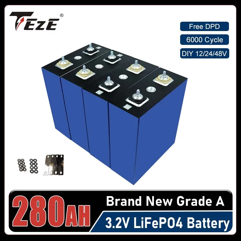 

Grade A 3.2V 280AH Lifepo4 Battery 6000 Cycles Free Busbars Bolts For 12v 24V RV Cart Yacht Solar Energy System EU US Tax Free