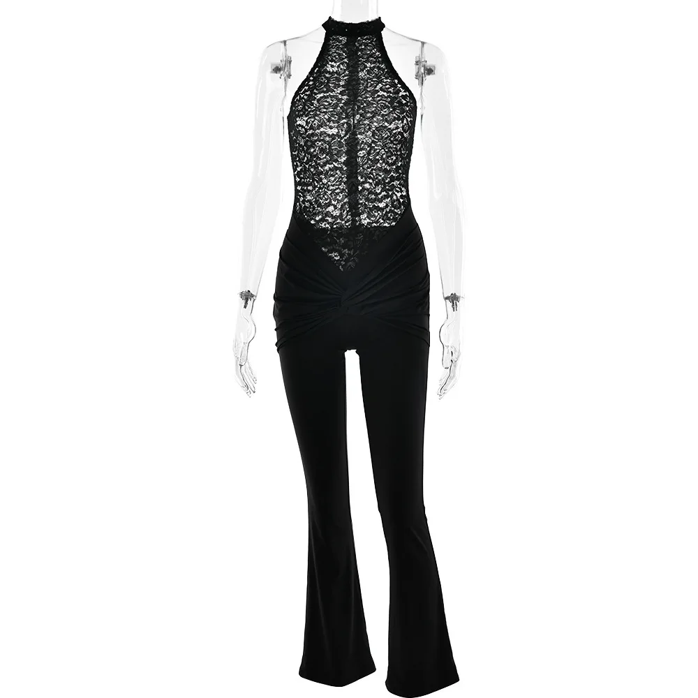 2025 Summer New Women's Lace Patchwork Flared Jumpsuit Sexy Slim Fit Sheer Bodysuit