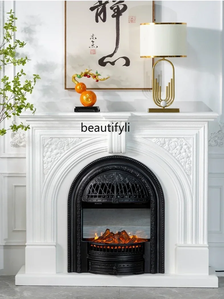 

l French white carved fireplace simulation fire solid wood arched door TV background wall decorative cabinet