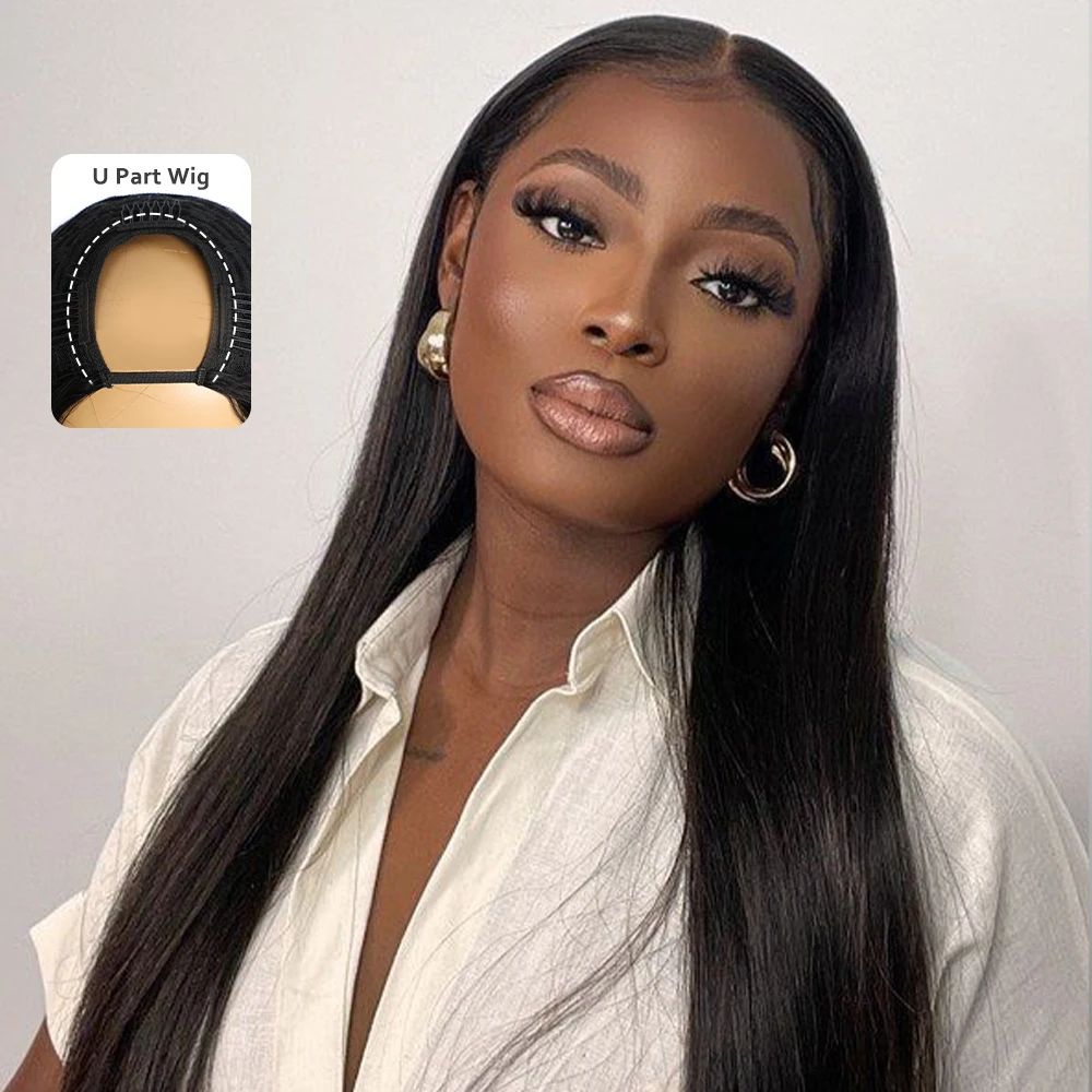 Megeen Upgrade U Part Wigs Brazilian Virgin Hair No Glue For Women Straight Human Hair Machine Wigs Beginner Friendly 18-30 Inch