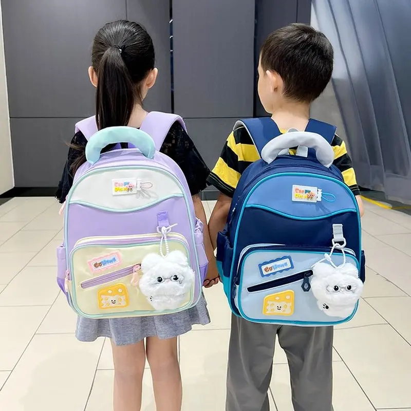 Kids Colorblock Backpack With Cute Plush Pendant Padded Handle School Bag Toddler Preschool Daypack For Girls Boys Travel Rucksa