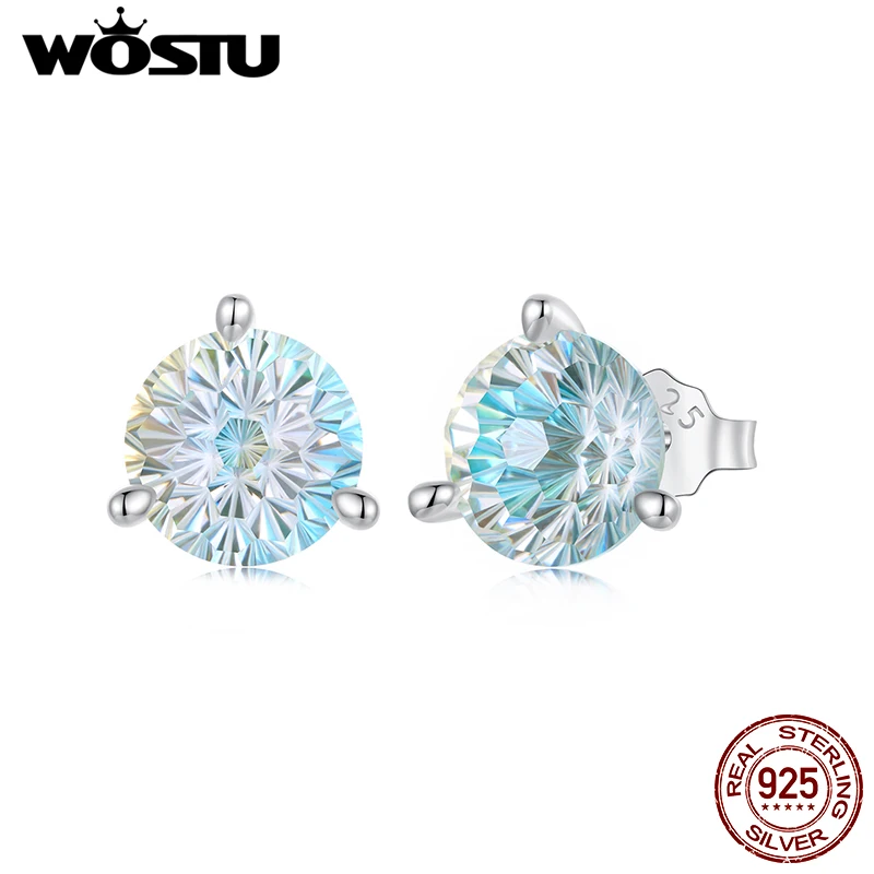 

WOSTU ​925 Silver 2CT Firework Zircon Stud Earrings For Women, Rainbow Blue Jewelry Gift Classical Round Ear Studs Wedding Gif