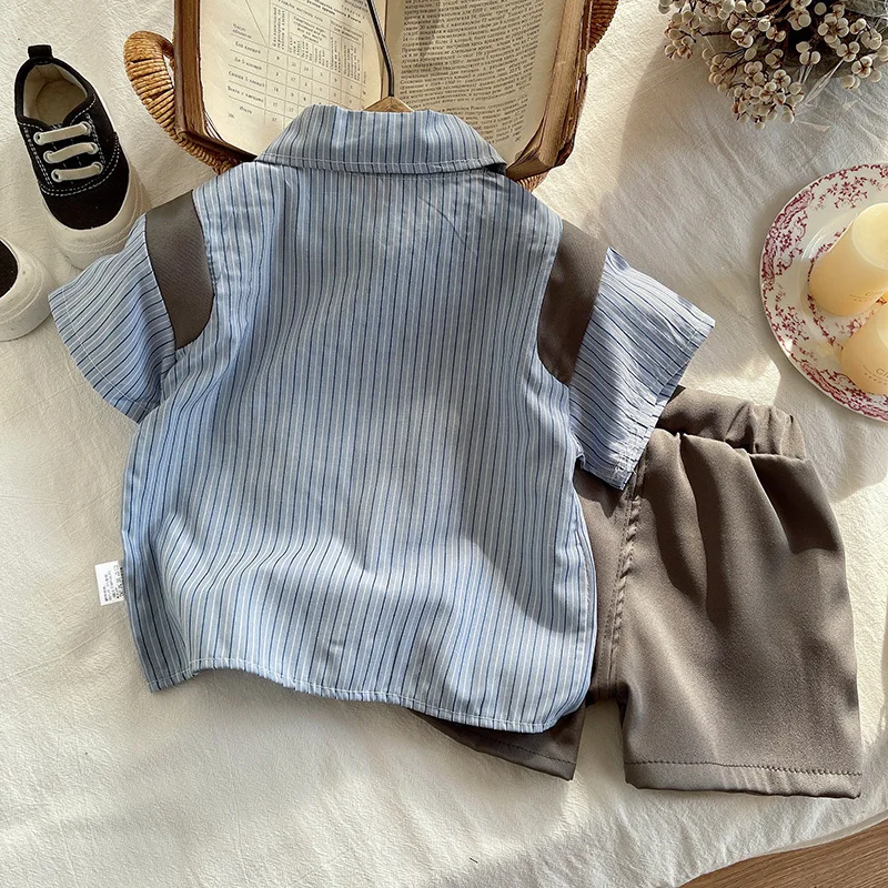 New Summer Casual Baby Boy Toddler Causal Clothes Stripe Shirt Tops Pants 2Pcs/Sets with Tie Cotton Kids Outfits Clothing Suit