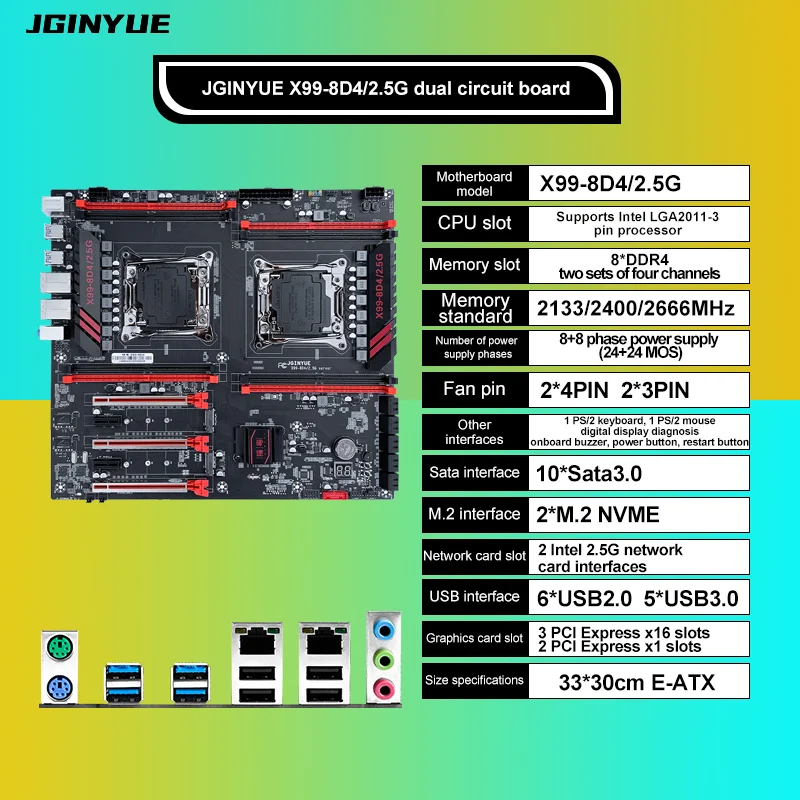 JGINYUE X99 dual CPU motherboard LGA 2011-3 supports Xeon E5 V3 V4 CPU DDR4 memory eight channels Dual 2.5G network card X99-8D4