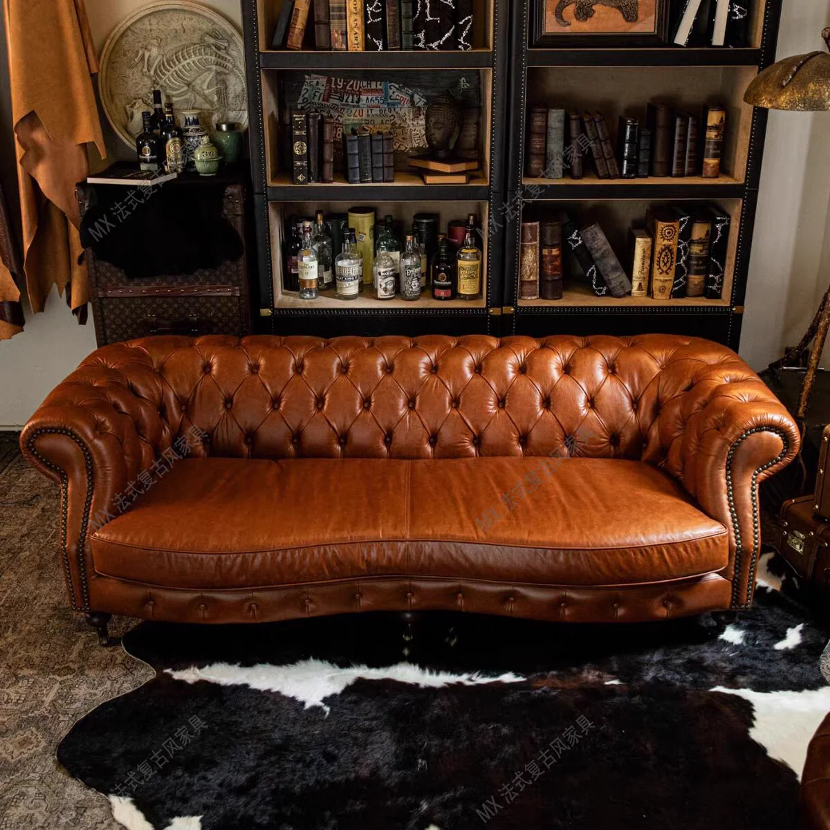 American retro style buckle sofa classic medieval designer living room straight sofa hotel cigar oil wax leather sofa