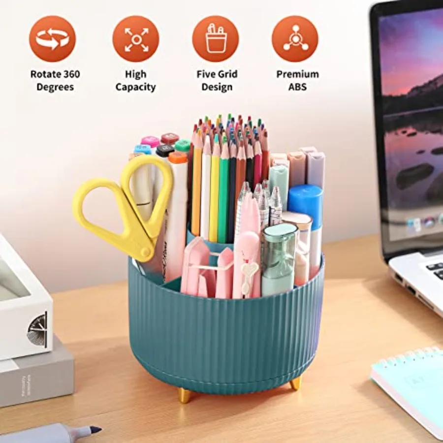 Desk Pencil Pen Holder, 5 Slots 360°Degree Rotating Pen Organizers for Desk, Desktop Storage Stationery Supplies Organizer, Cut