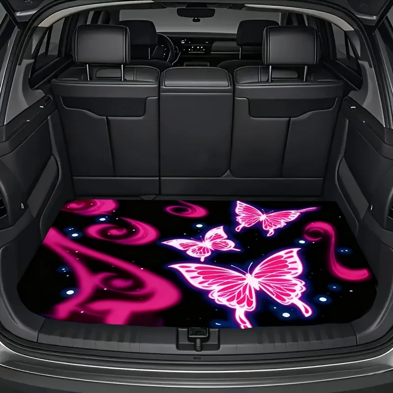 Glow-in-the-Dark Pink Neon Butterfly Car Trunk Mat - Fit For Cars, Trucks & SUVs, Glowing Auto Liner With Pink/Purple Design, Du