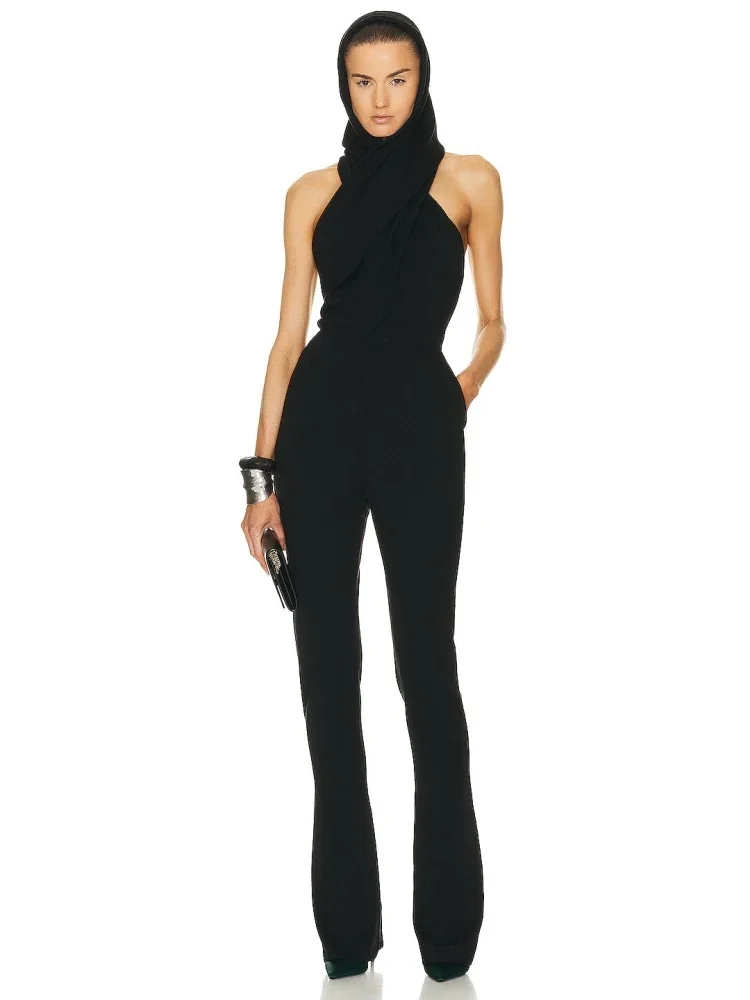 

Sexy Sleeveless Hooded Design Jumpsuit Women Black Backless Hooded Collar Full Length Jumpsuit Elegant Evening Club Streetwear