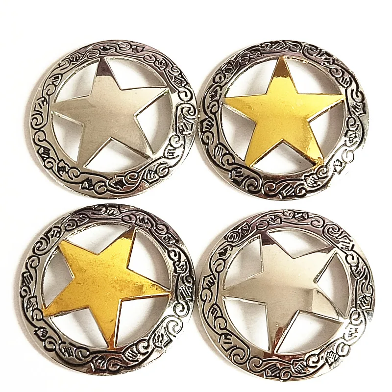 5PCS 37mm Silver Carved Gold Round Hollowed Star Conchos Metal Leather Goods DIY Decorative Accessories