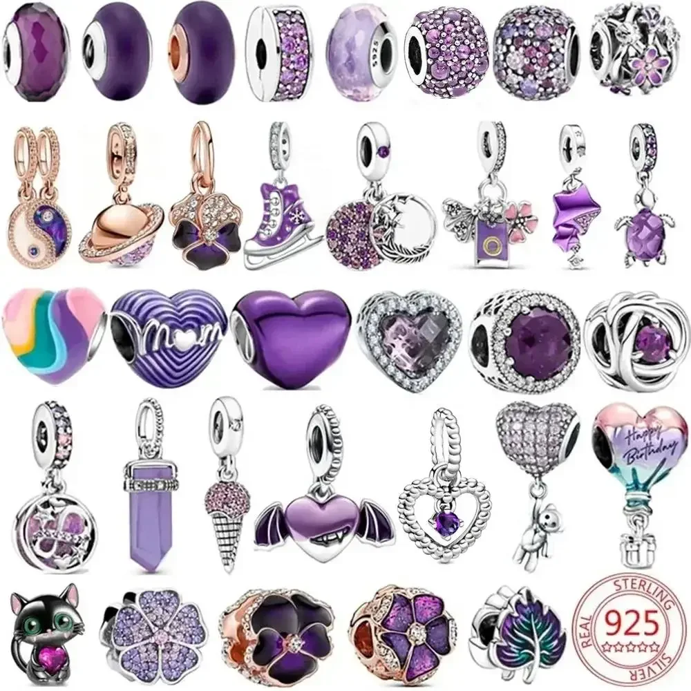 925 Sterling Silver Purple Series Murano Bead Pansy Flower Dangle Charm Fit Original Necklace Jewelry Mother's Day Gift