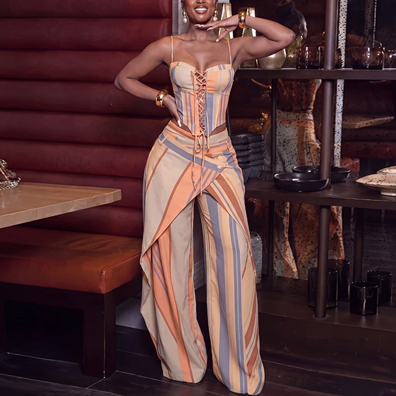 New Fashion Women Two Piece Set Spaghetti Strap Lace Up Crop Vest Top And Wide Leg Pants Set Streetwear - view 4