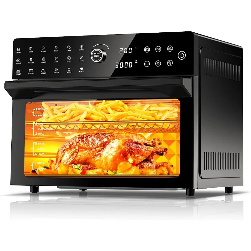 

32QT очень большая фритюрница, Циркуляция горячего воздуха на 360 °, 1800 Вт, установка двойного приготовления пиццы 13 дюймов, духовка с двойной стойкой 20 в 1, 7 аксессуаров