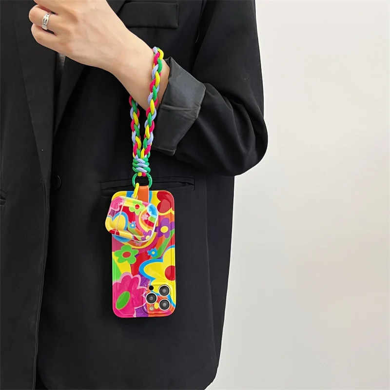 Outdoor Crossbody woven lanyard Graffiti flower case For iphone 13 14Pro 15 12 14pro max for airpods 3 1 2 Pro silicone cover