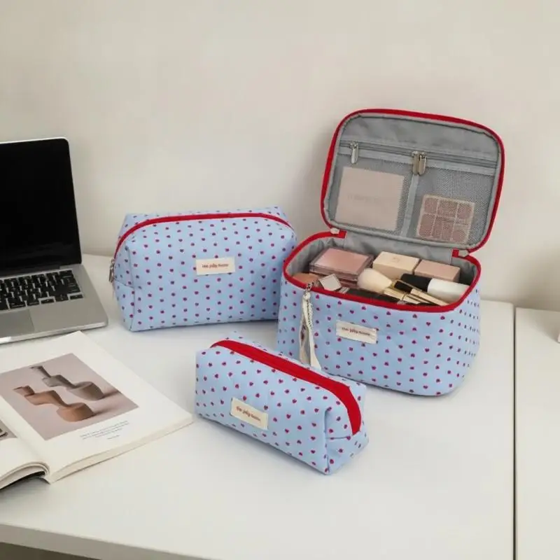Makeup Bag Set Light Blue Red Heart Print Quilted Fabric Large Capacity Cosmetic Organizer for Daily Travel Use