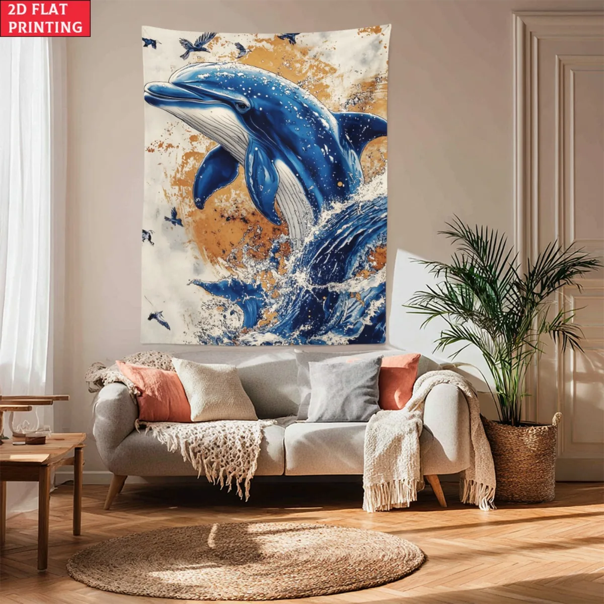 Tapiz contra salpicaduras de ola de mar de delfines, arte de pared, decoración de playa de vida marina, tema náutico, colgante de pared del salón y dormitorio, impresión plana 2D