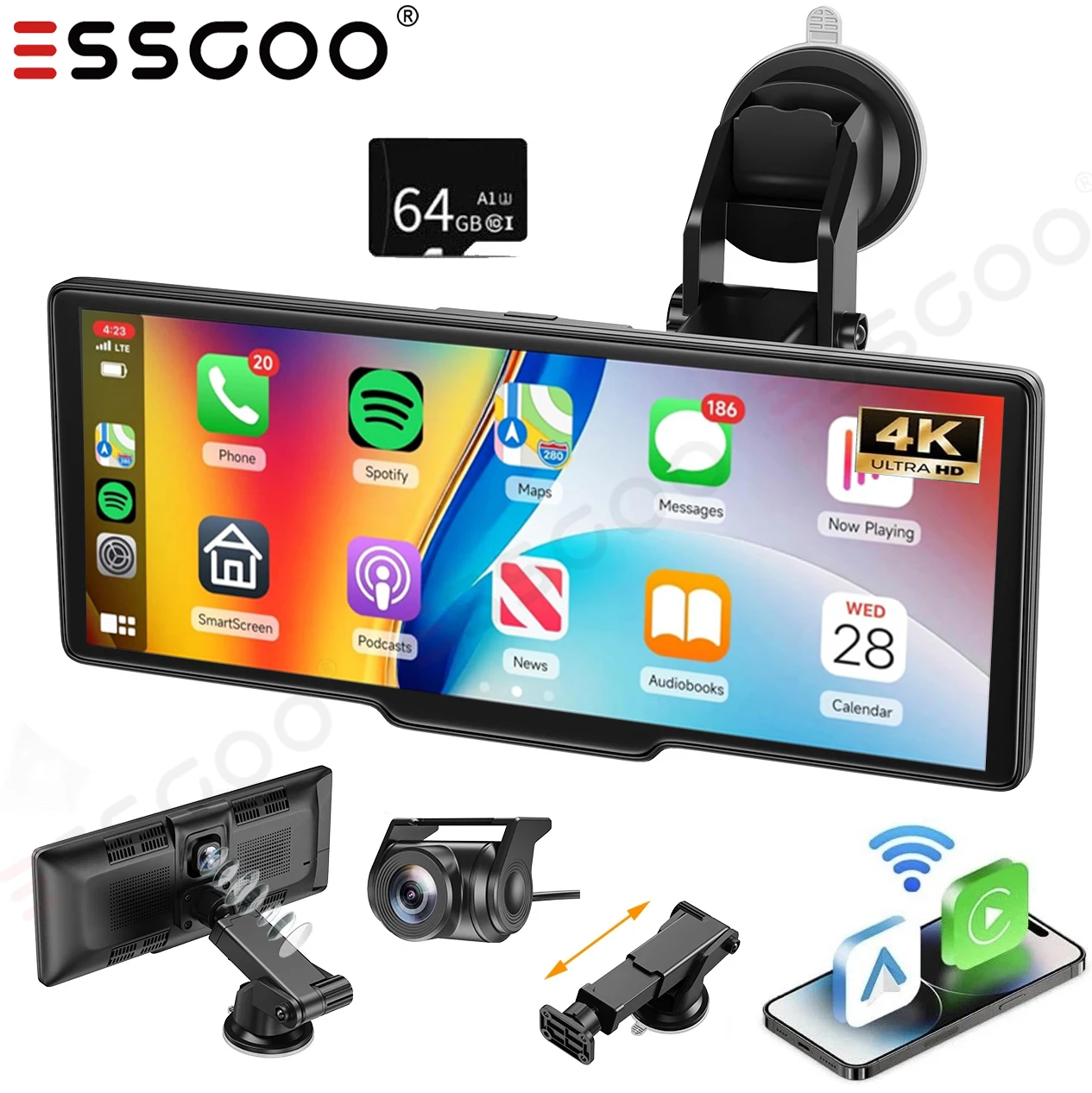 

10.26" 64GB Dash Cam 4K Car Stereo Rearview Wireless Apple Carplay Android Auto Dual Len Recorder IPS Touch Screen Bluetooth FM