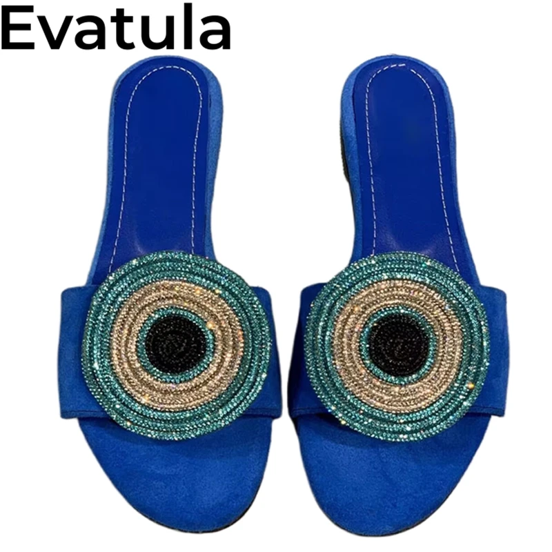 

2024 Summer Fashion Round Crystal Flat Slippers Women Open Toe Rhinestone Mules Ladies Bohemian Casual Beach Slides Shoes Femme