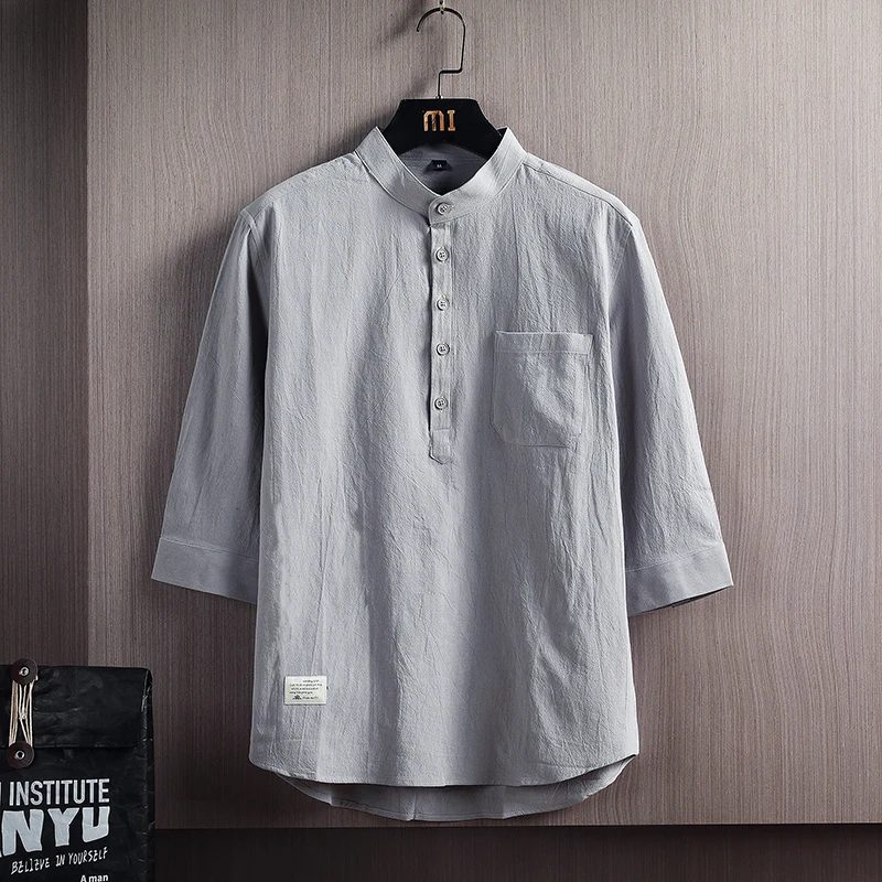 

Loose Fit Short Sleeve Shirt Men's Stand Collar Casual Thin Middle Sleeve Top Youth Trend Summer Cotton Pure Color Button Detail
