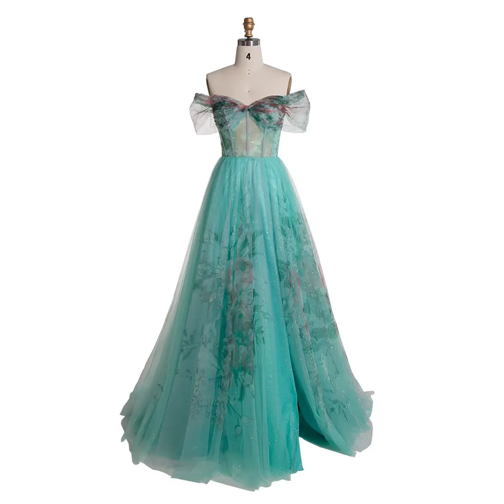 Aqua Floral Print Off Shoulder Prom Dress Long Formal Evening Gown Women Party Dress Wedding Guest YE3022
