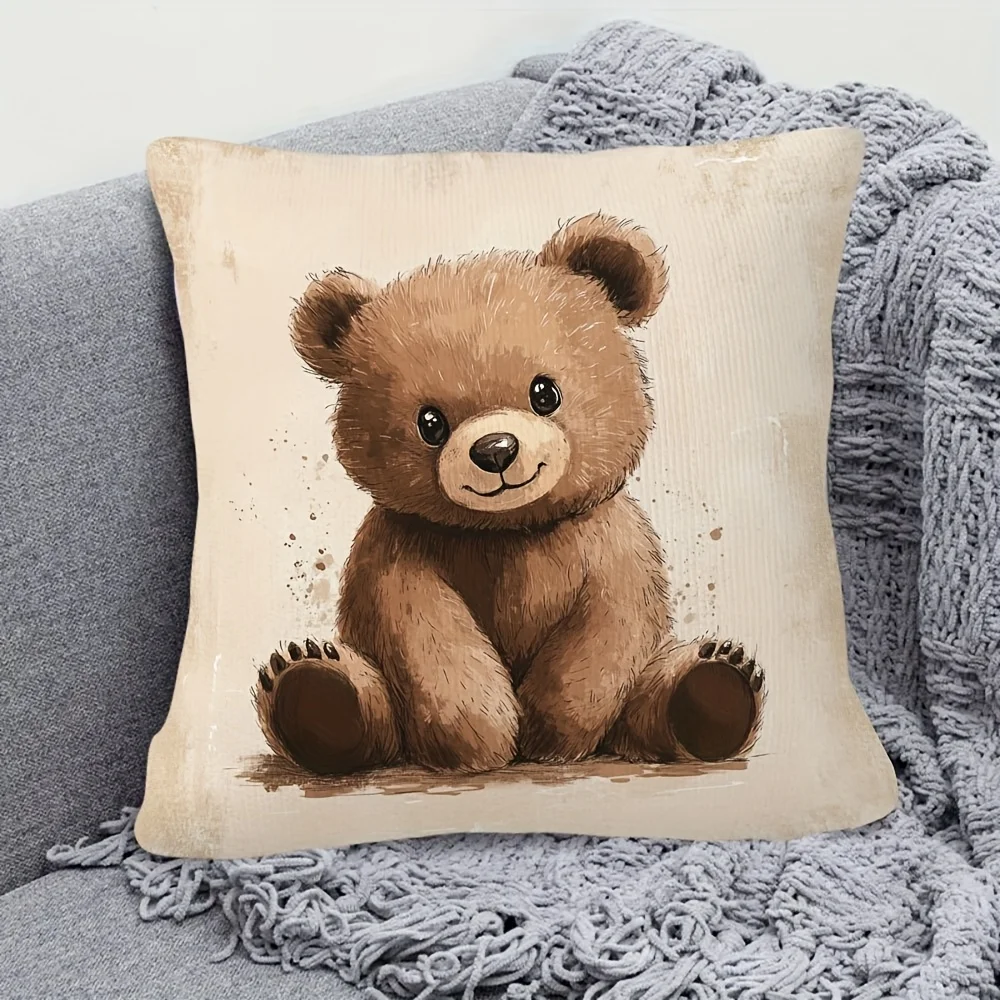 Cute Bear Pillow Case, Cartoon Animal Cushion Cover, Vintage Style Soft Teddy Home Decor for Sofa Bedroom Kids Room Gift