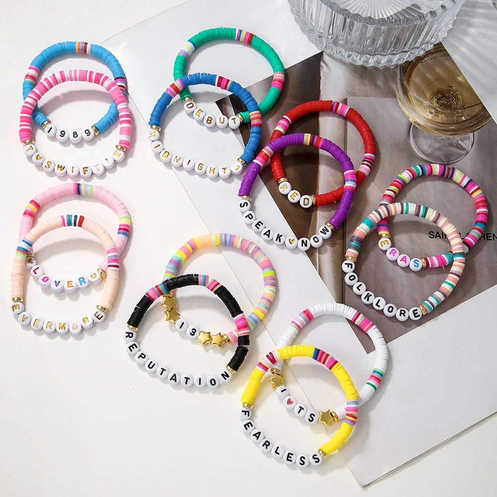 11/14 PCS Ladies Colorful Bracelets with Clay Bead Album Inspired Bracelet Adjustable Letter Beads Bracelet for Girls Women Gift