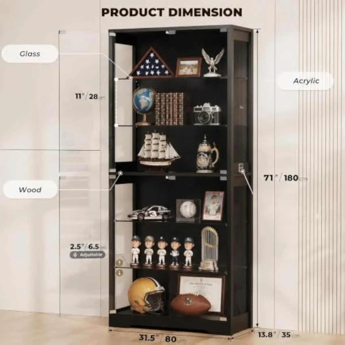 71' Display Cabinet with Glass Door, Curio Cabinet for Collectibles
