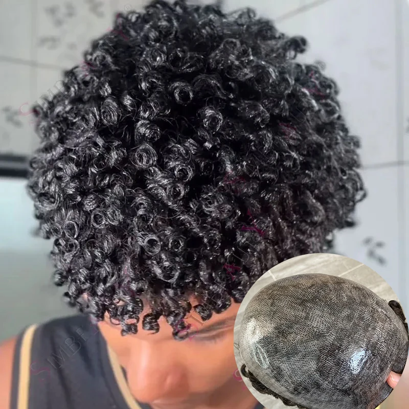 

Прочный мужской парик-накладка из натуральных волос 15 мм, афро-кудрявый, с естественной линией роста волос, на инъекционной основе, с контролируемой укладкой, коричнево-серый, с кудрями типа «кинки»