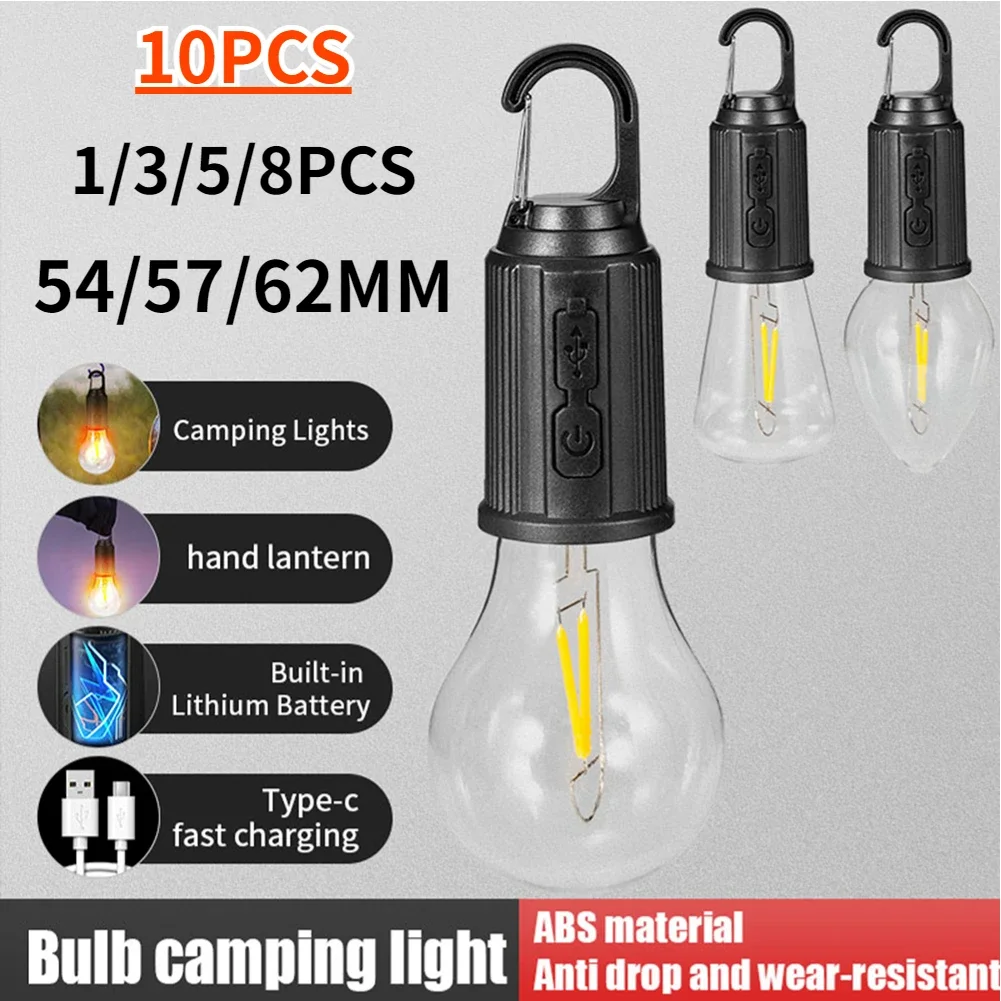 10PCS Portable Camping Light LED Camping Lamp with Hook Portable Lighting Lantern Type C Charging Waterproof for Hiking Fishing