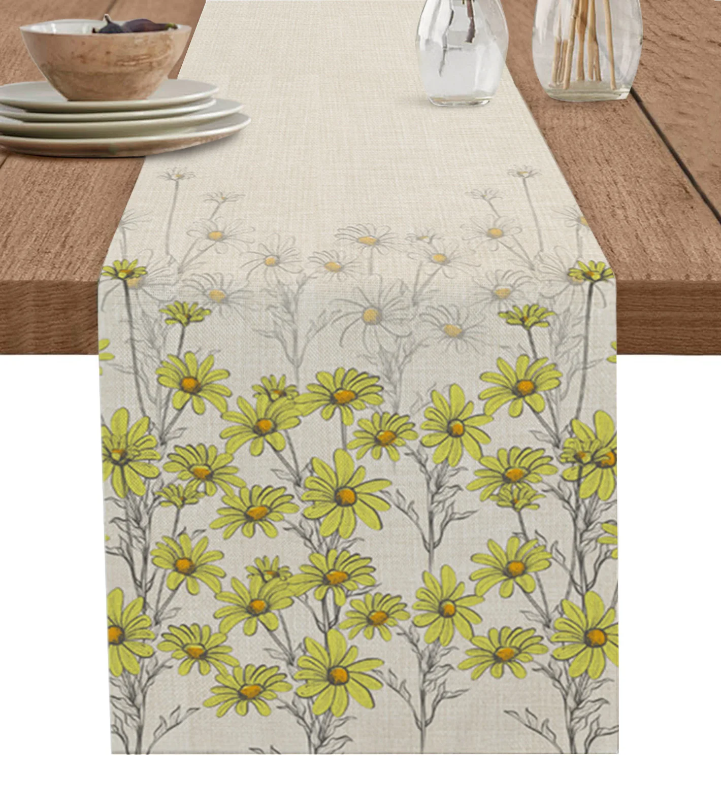 

Spring Chrysanthemum Flower Linen Table Runners Kitchen Table Decoration Accessories Dining Table Runner Wedding Party Supplies