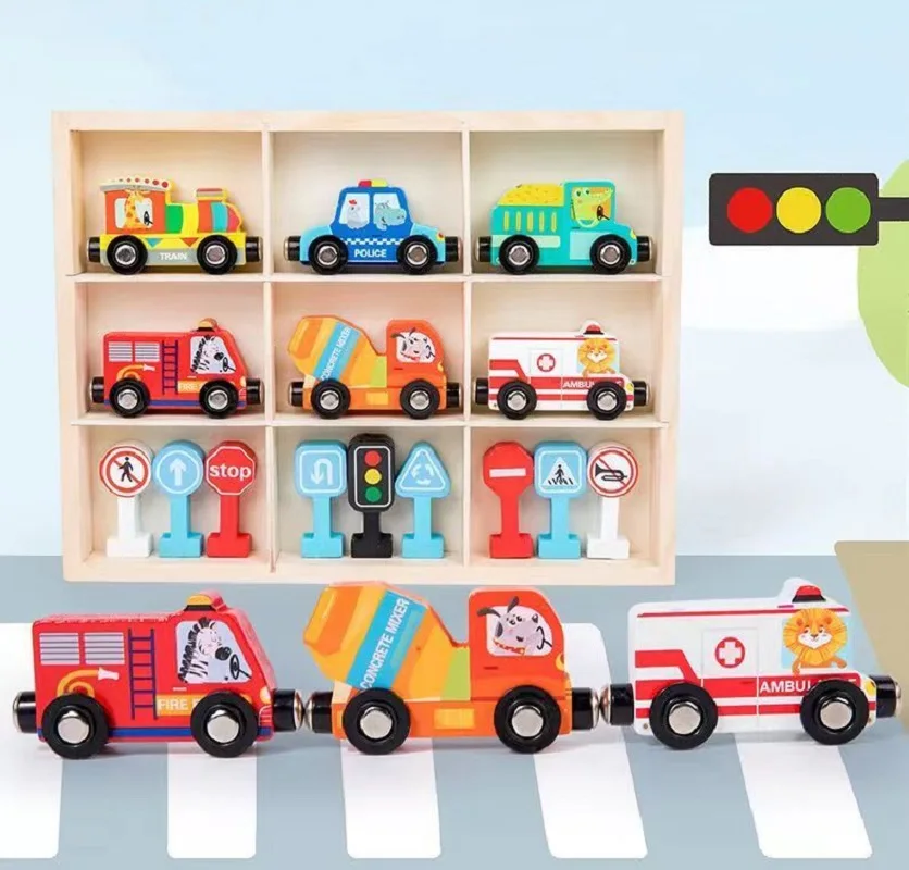 Montessori Holz Auto Verkehr magnetische Lehr spielzeug Set mit Zug wagen Kind pädagogisch montiert Farbe Fahrzeug Geschenk modell