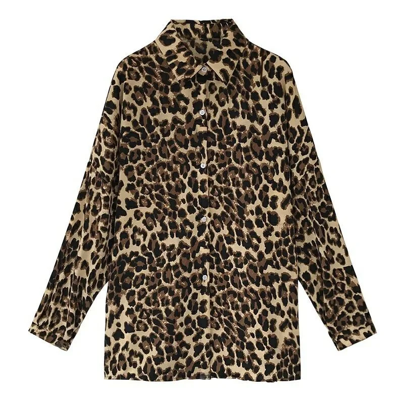 Sexy Women\'s Shirt Long Sleeves Leopard Print Casual Blouse Polo Collar Cardigan Large Size Mid-length Top Loose Girl\'s Clothes