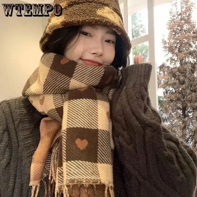 WTEMPO Fall Winter Imitation Cashmere Women\'s Double-sided Love Plaid Scarf Korean Tassel Warm Large Shawl Versatile Thick Wrap