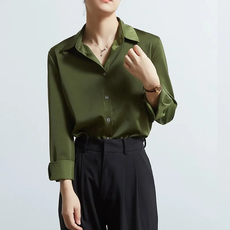Spring Autumn Elegant Satin Women's Blouses 2025 New Long Sleeve Single Breasted Office Lady Loose Shirts Tops Female