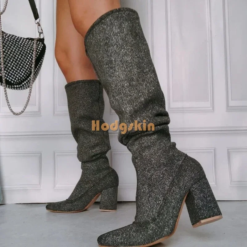 

Блестящие сапоги до колена с острым носком, однотонные современные сапоги без шнуровки на квадратном каблуке, Новое осеннее поступление, женская модная обувь 2025