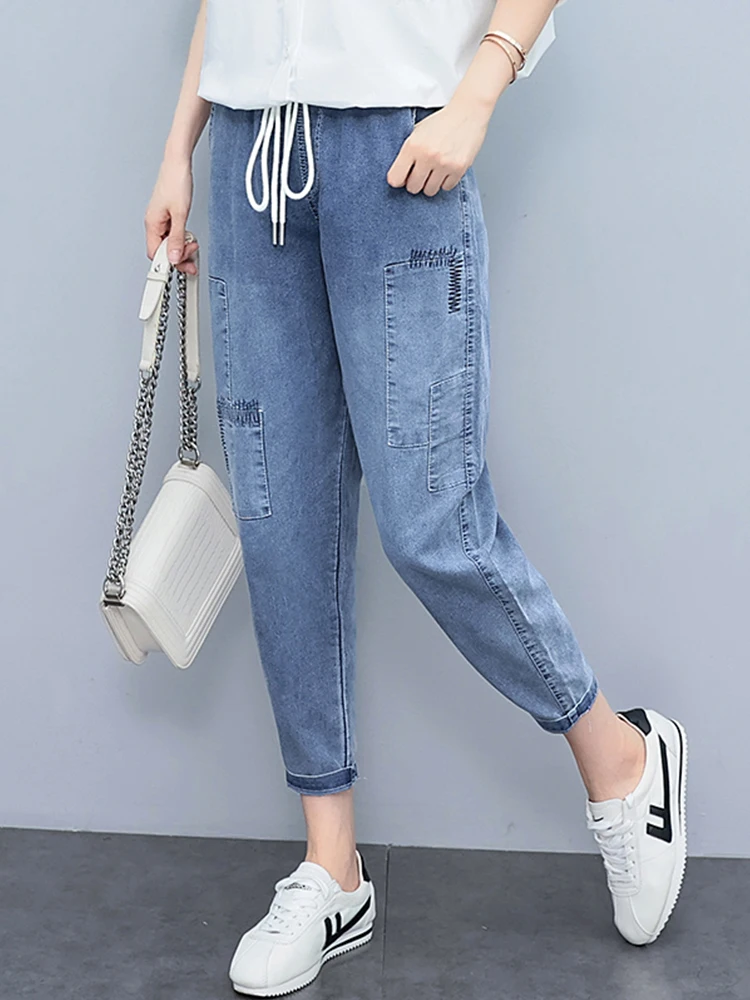 

High Waist Thin Summer Denim Jeans Women's Light Blue Versatile Harlan Pants Nine Point Pants Faionable Casual High Waist