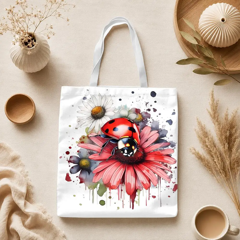 Ladybugs and Flowers Storage Bags Canvas Tote Bag Large Capacity Shoulder Bag Eco-Friendly Reusable Casual Handbag